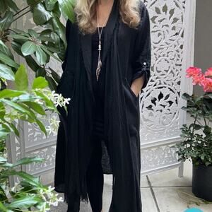 Black Open Front Cardigan Duster 100% Linen Made it Italy OS NWT